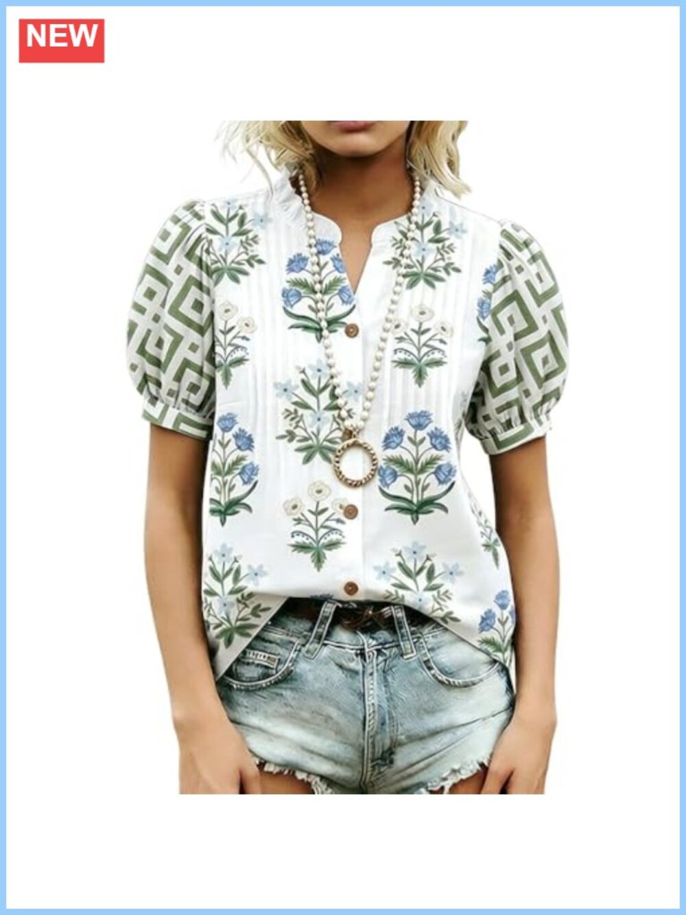 100% Cotton Floral Print Puff Sleeve Ruffle Neck Blouse